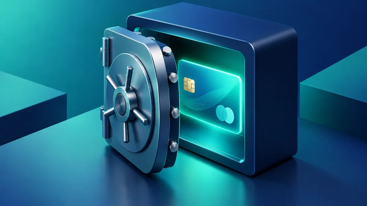 Secure vault closing over a credit card to prevent credit card fraud and protect identity.