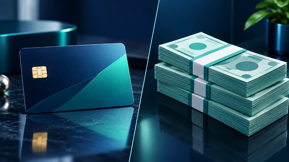 Credit-card-vs-Cash Comparison visual of a credit card and cash to avoid interest charges while shopping.