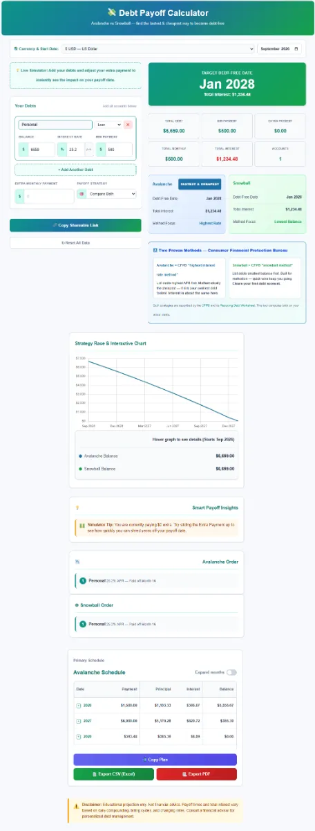 Debt-Payoff-Calculator-3 SaveXpert debt payoff calculator comparing the debt snowball vs avalanche method to show which saves more interest.