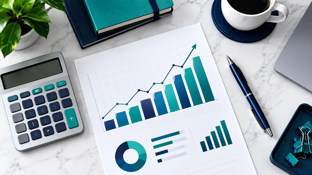 Finance-Document Calculator and financial documents showing mortgage interest rate calculations for buyers.