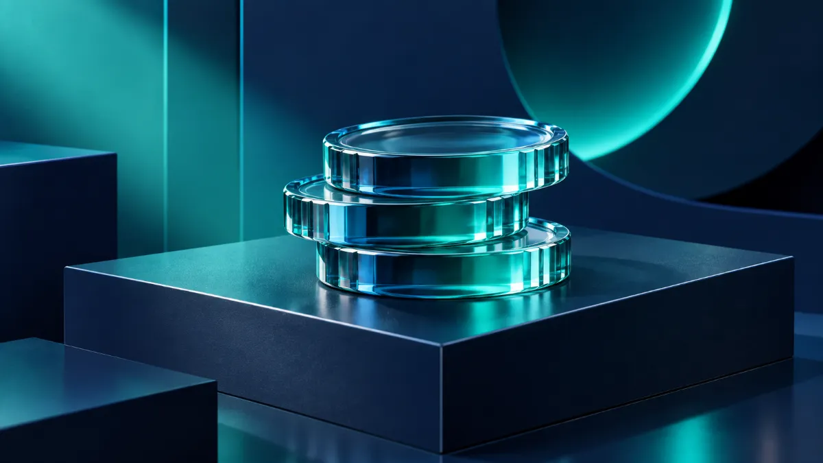Abstract 3D rendering of three stacked glass coins on navy geometric platform, lit by soft teal spotlight.