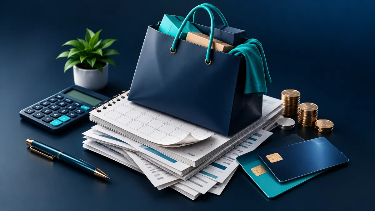 Heavy-shopping-bag Heavy shopping bag and statements highlighting strategies to reduce holiday credit card balances.