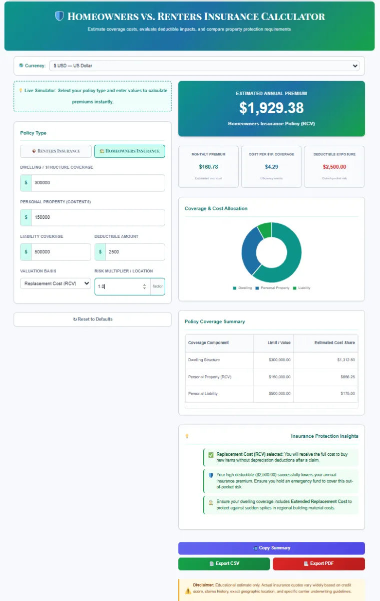 Screenshot of an online homeowners and renters insurance premium calculator with inputs for coverage limits, deductibles, and a breakdown of estimated cost shares.