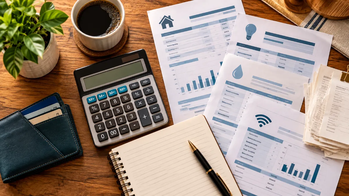 Household bills and calculator representing managing revolving credit card debt.