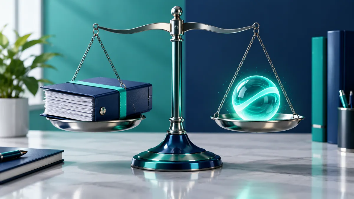 A balance scale comparing a detailed credit file to a glowing three-digit score hologram.