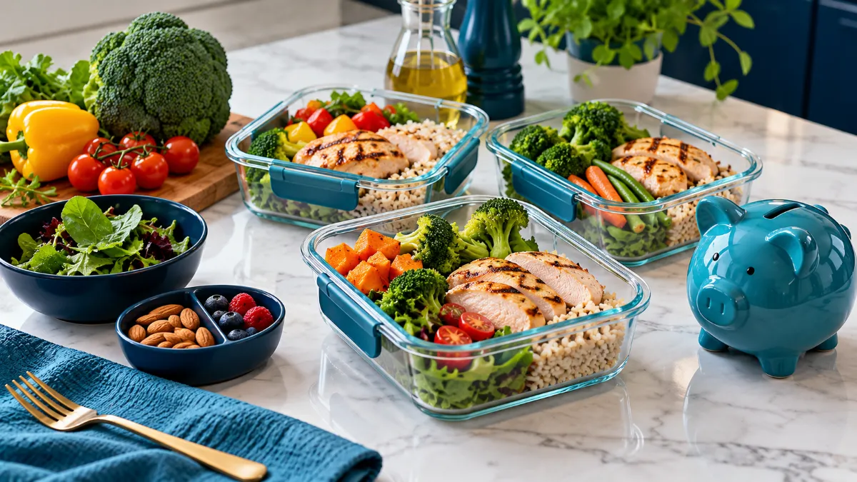 Organised-meal-prep Organised meal prep containers on a counter showing budget reduction strategies for dining out.
