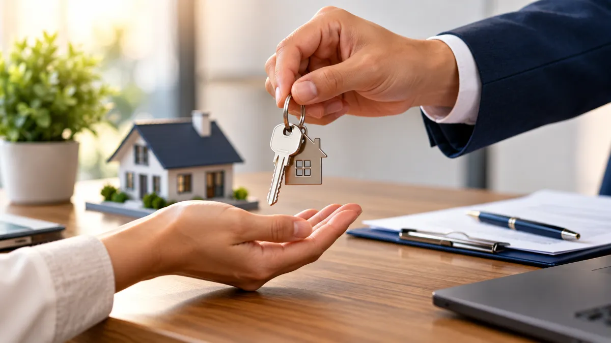Silver-House-Key Real estate keys exchanging hands during the home closing process.