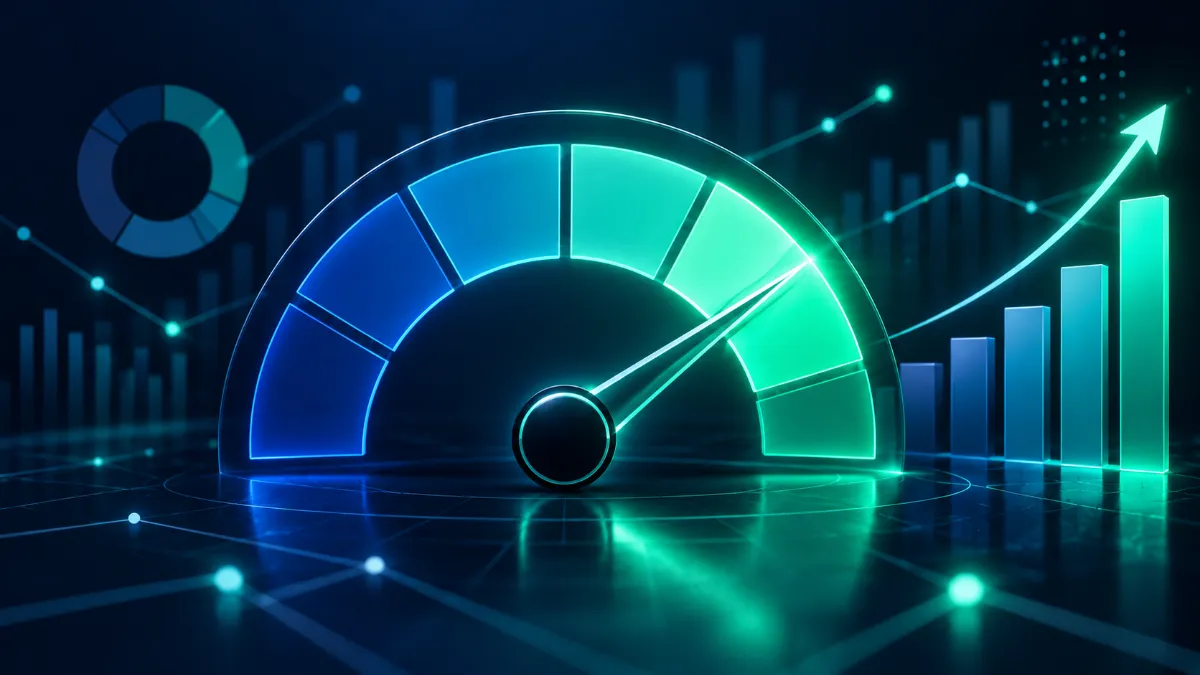 credit-score-gauge Digital credit score gauge showing low credit utilization rate.