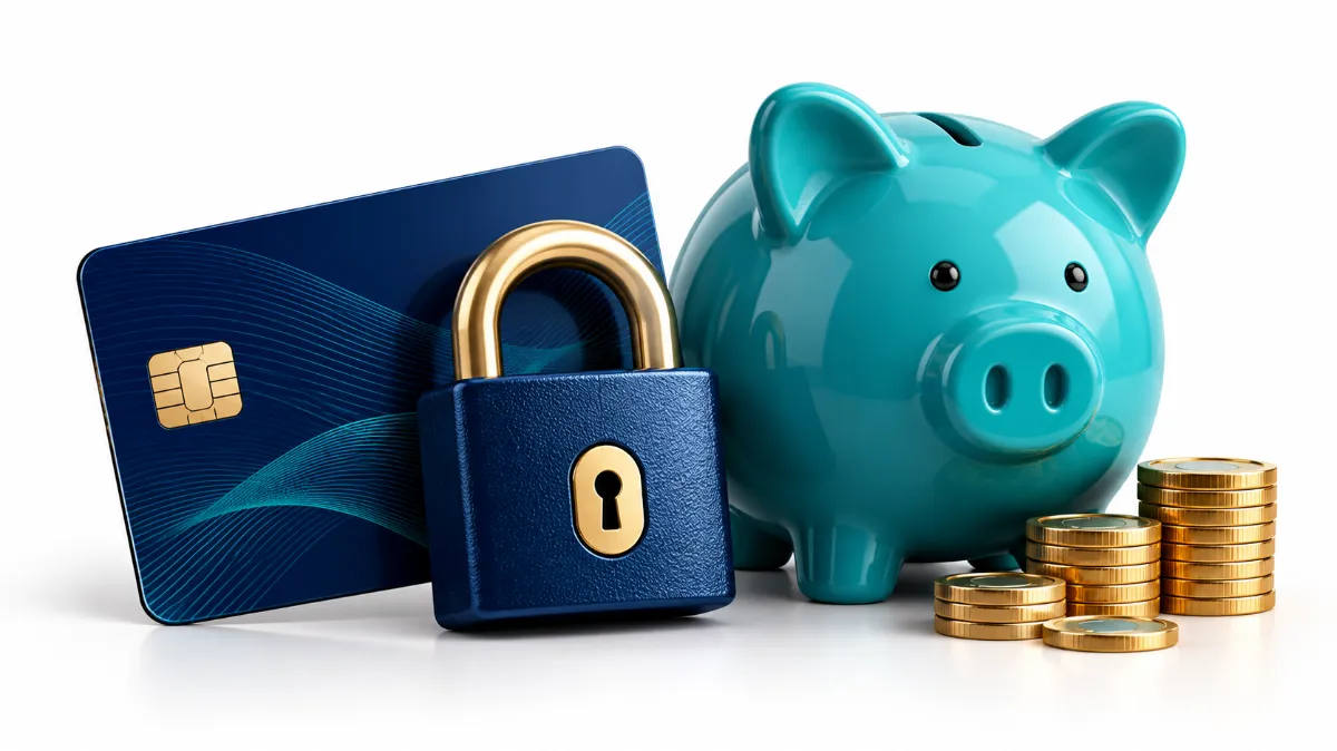 Protecting emergency savings during the holiday season — credit card and piggy bank.