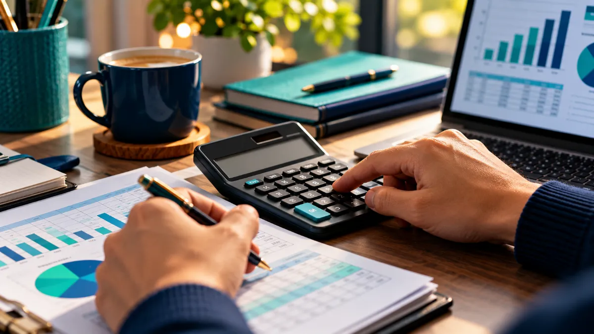 monthly-budgeting A person using a calculator to lower living costs and track monthly budget reductions.