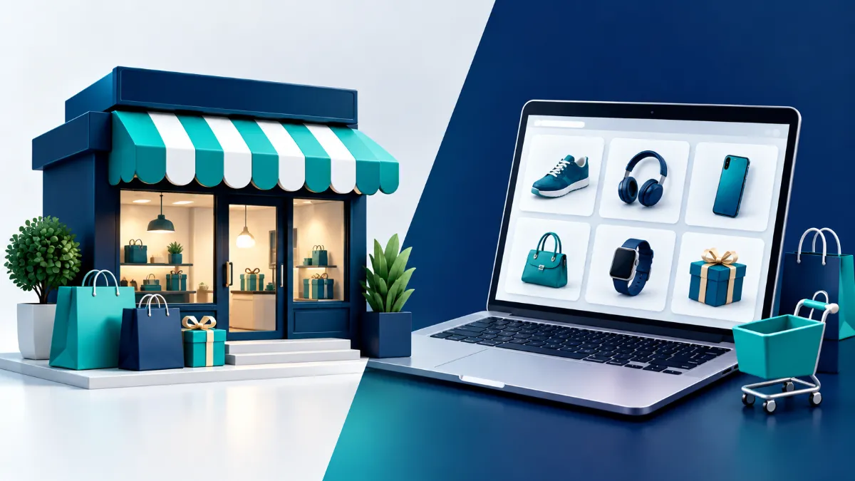In-store storefront next to laptop illustrating Cyber Monday sales comparison.