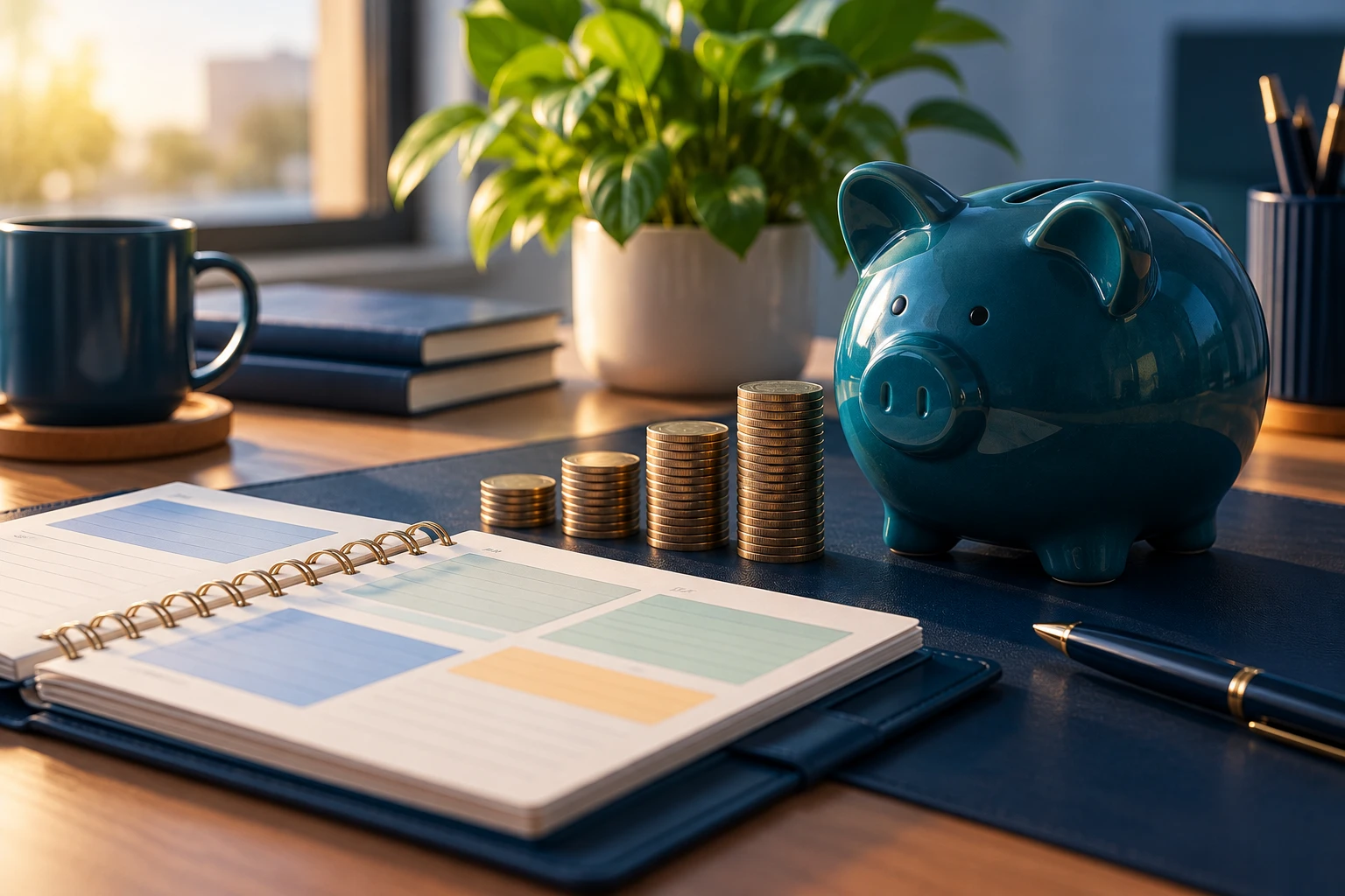 Teal ceramic piggy bank next to growing stacks of coins and an open budget planner notebook on a wooden desk
