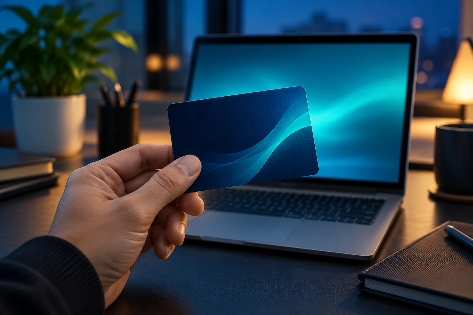 Person holding a blue credit card in front of an open laptop on a modern office desk