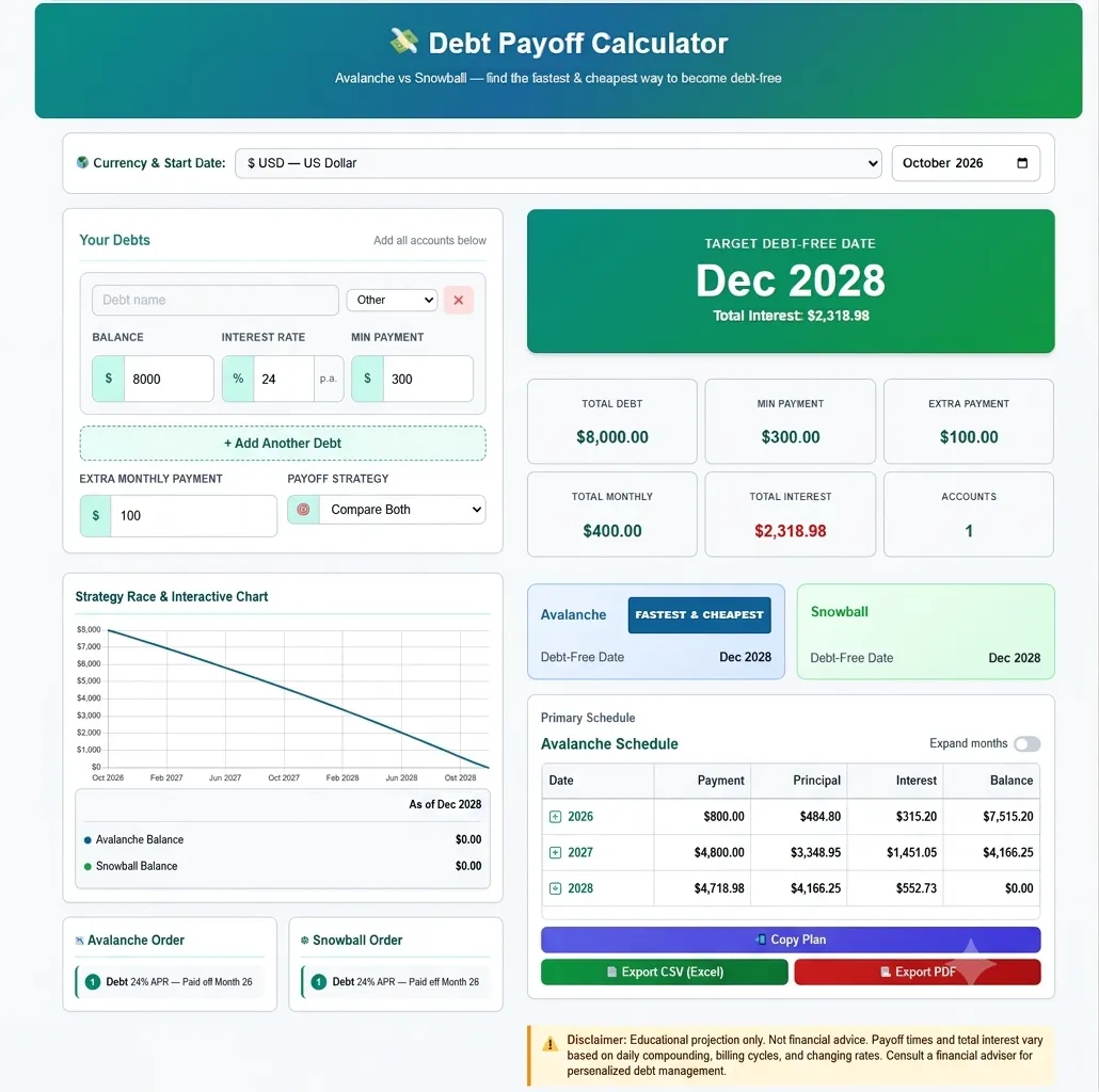 Debt-payoff-calculator-3.1.1 SaveXpert debt payoff calculator comparing the debt snowball vs avalanche method to show which saves more interest.