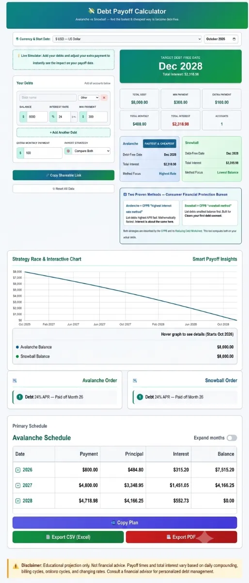 Debt-payoff-calculator-3.2.1 SaveXpert debt payoff calculator comparing the debt snowball vs avalanche method to show which saves more interest.