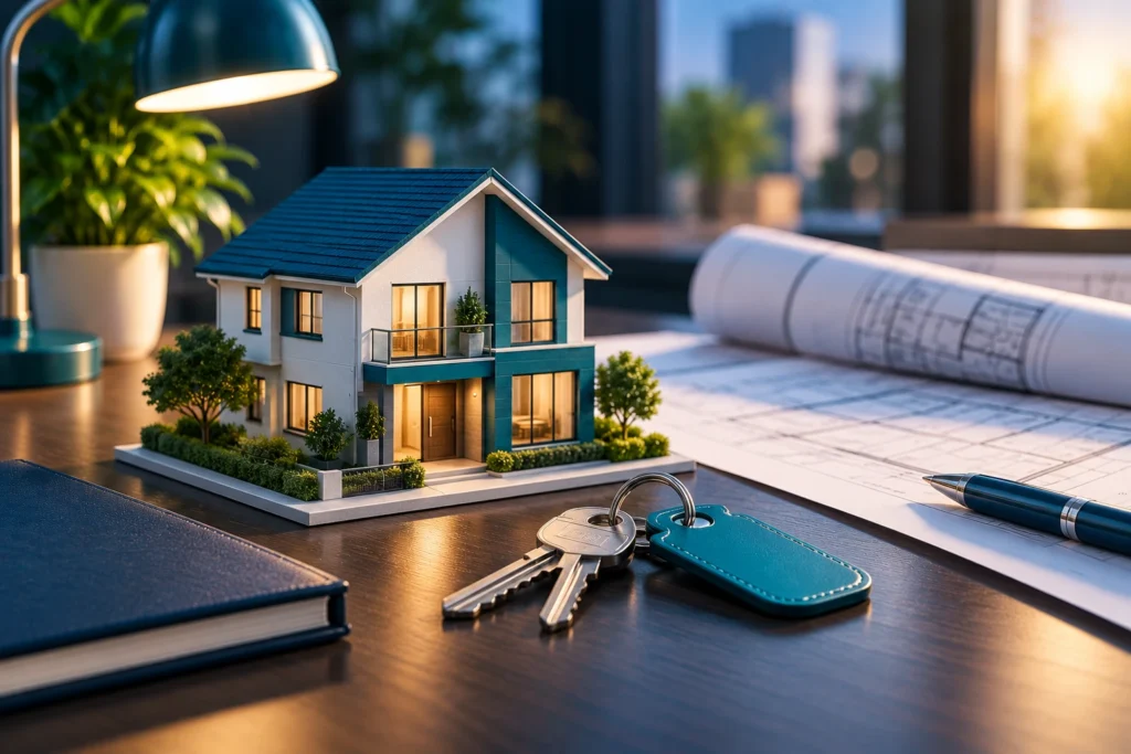 Miniature two-story house model on a wooden desk next to house keys, blueprints, and a notebook