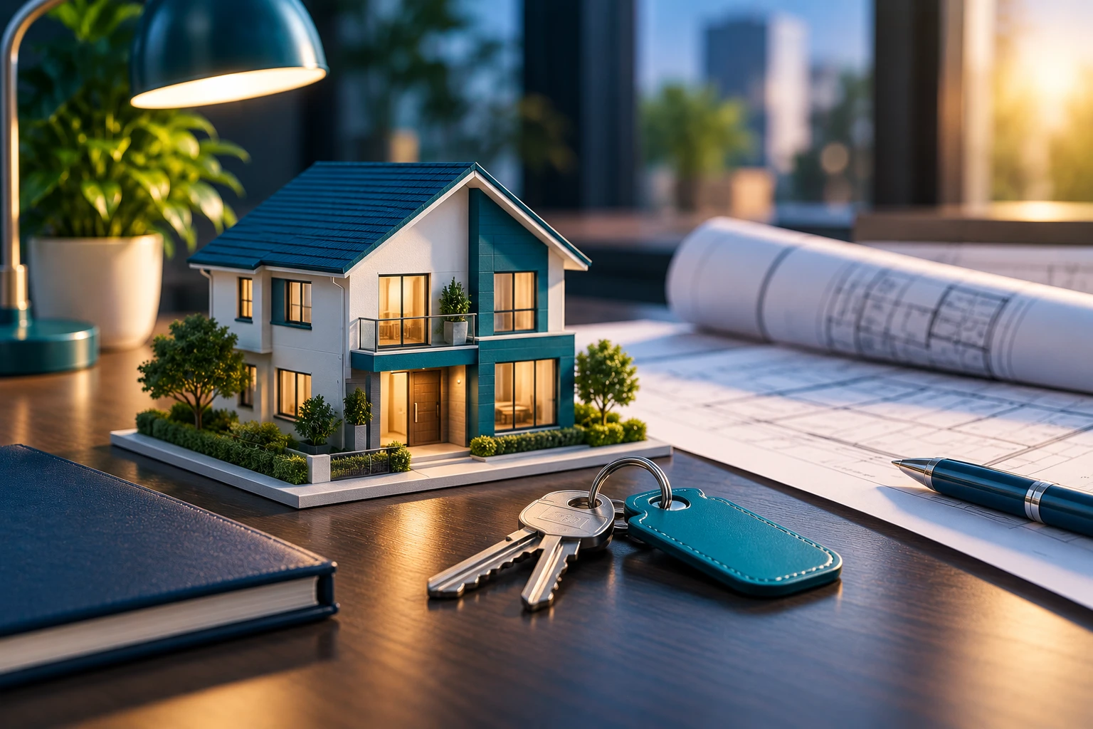 Miniature two-story house model on a wooden desk next to house keys, blueprints, and a notebook
