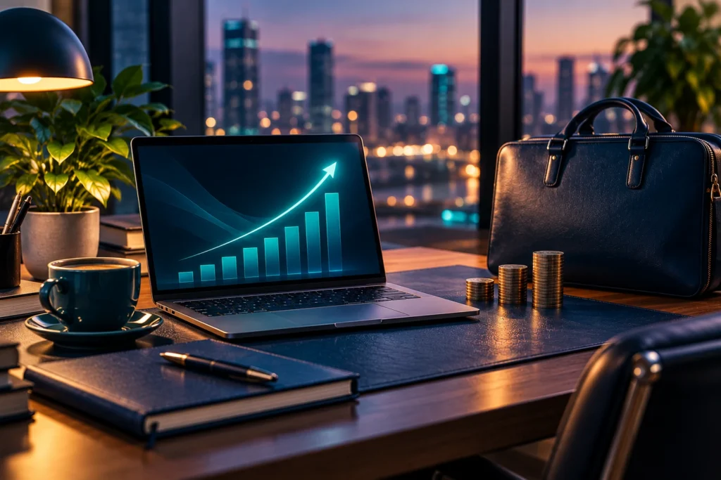 Laptop displaying a rising career growth bar chart on a desk with stacked coins, briefcase, and city skyline view