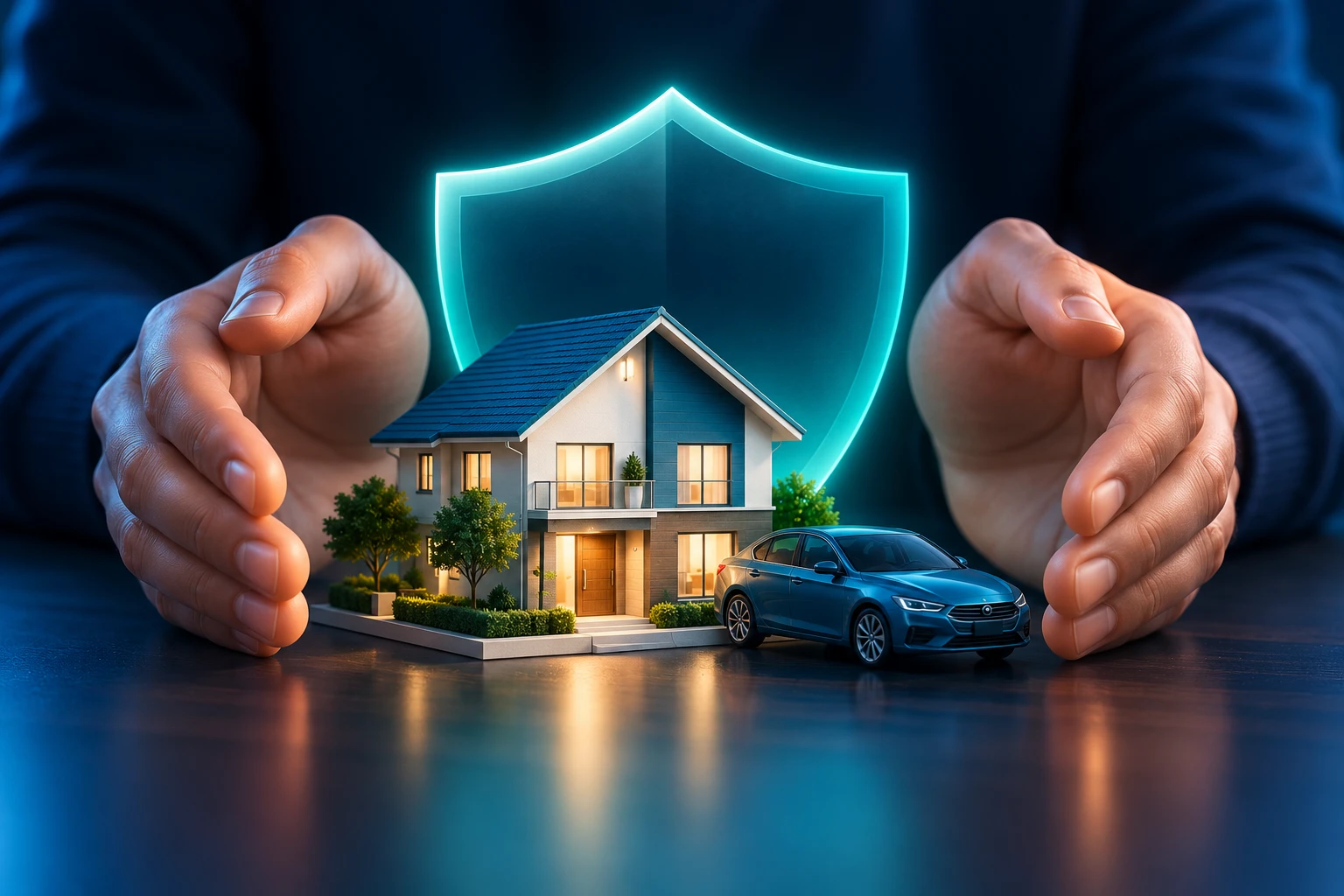 Hands cupping around a miniature house model and blue car under a glowing blue security shield
