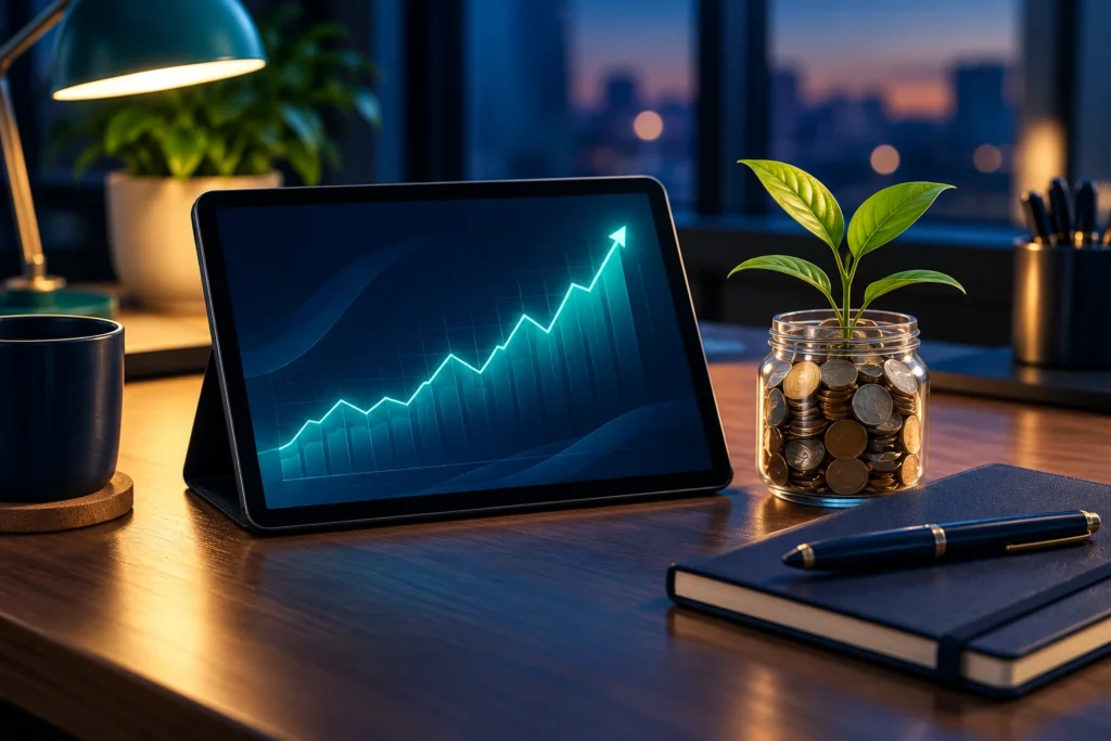 Digital tablet showing a rising stock growth graph on a desk next to a glass jar of coins with a small plant growing inside