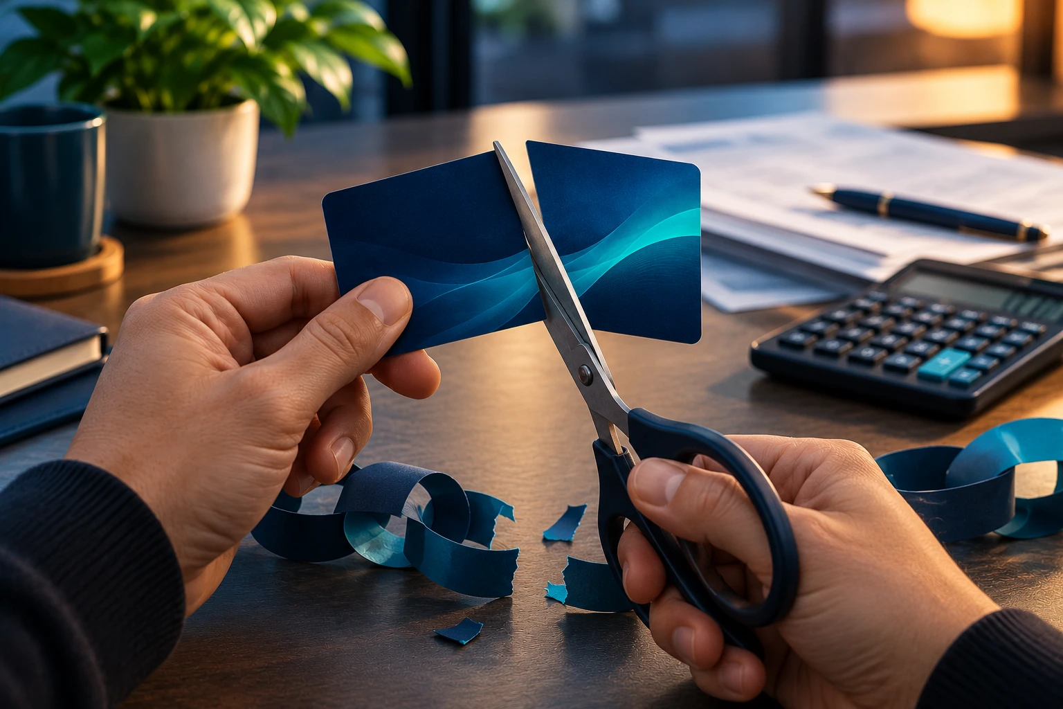 Person cutting a blue credit card and paper chain links with scissors on an office desk next to a calculator
