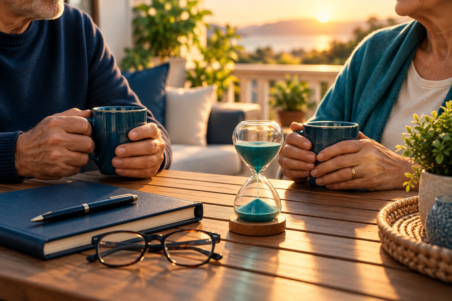 Senior couple holding coffee mugs at an outdoor wooden table with an hourglass, notebook, and eyeglasses at sunset