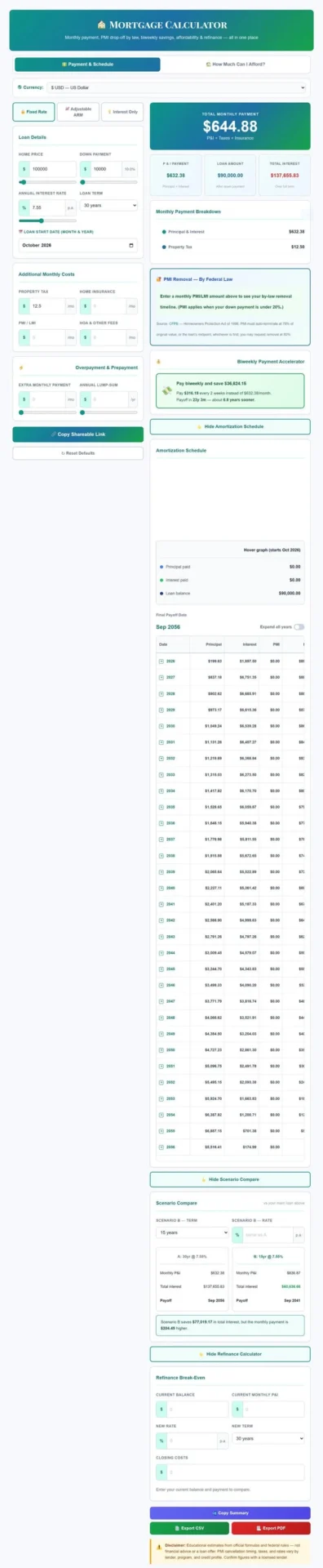Savexpert-mortgage-calculator-2.1.1 SaveXpert Mortgage Calculator with property tax input fields and a monthly PITI payment breakdown chart