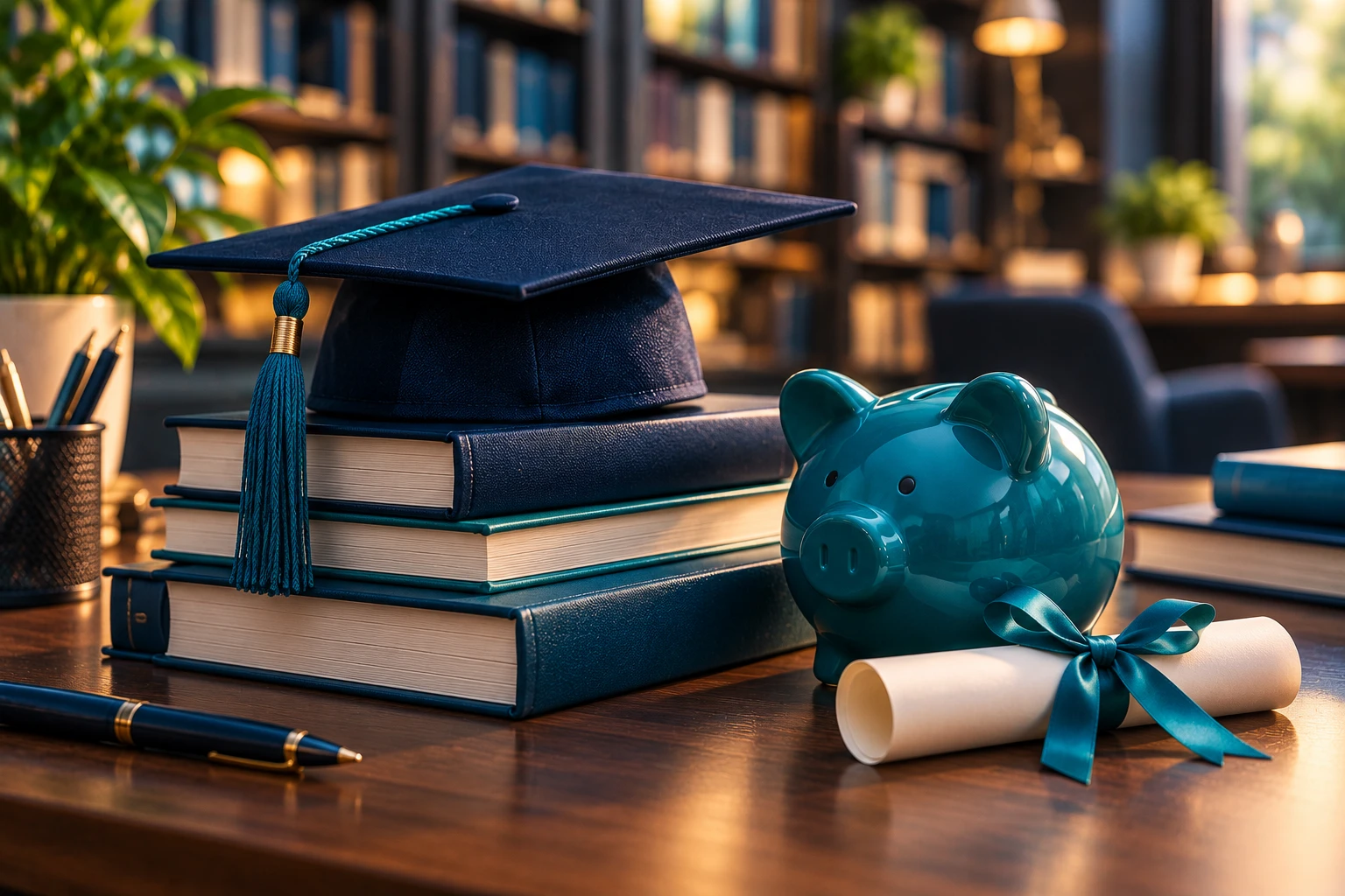 Graduation cap resting on a stack of textbooks next to a teal piggy bank and a ribbon-tied diploma certificate on a desk
