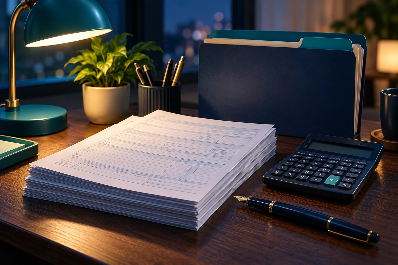 Stack of tax document forms on a desk with a calculator, pen, and file folders