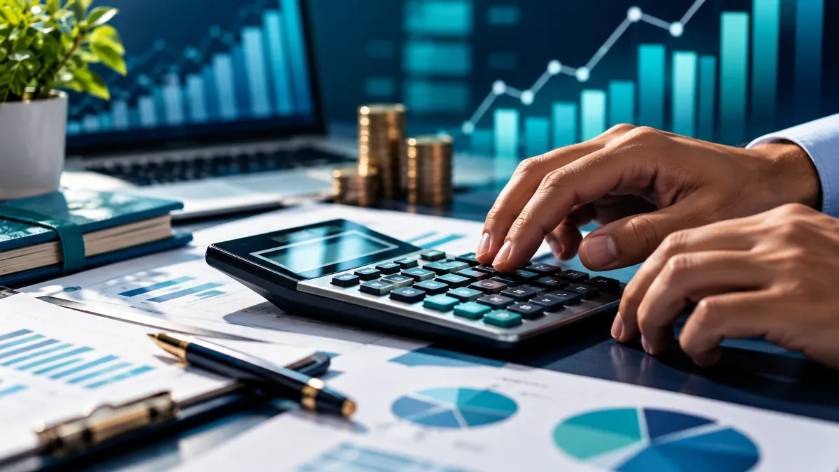 financial-calculator Hands using a financial calculator on a laptop screen with subtle financial graphs, representing debt payoff strategy.