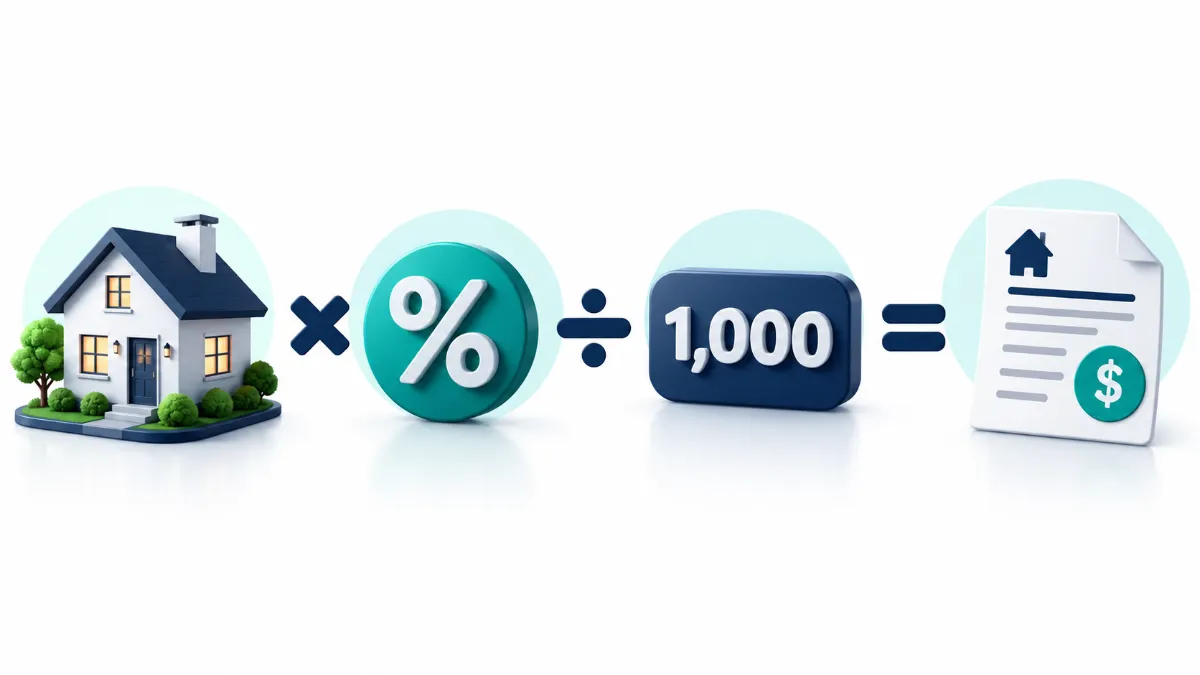 property-tax-formula An infographic demonstrating the property tax formula using a house and percentage multipliers.
